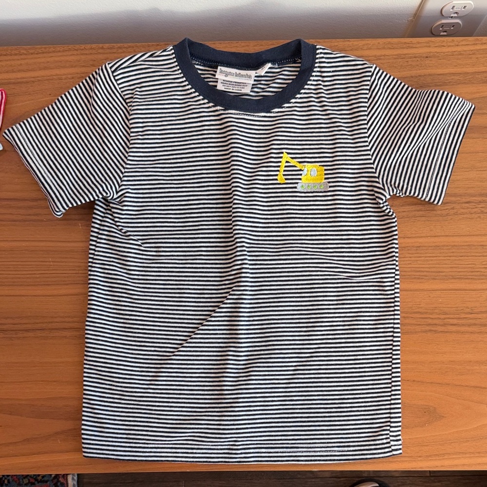 Classic Striped Kids Tee with Yellow Excavator